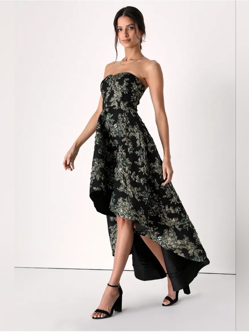 Lulu's Black Strapless High-Low Floral Prom Dress - Picture 4 of 7